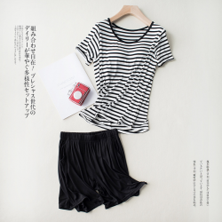 New Modal Lady Short Sleeve Pajamas Set with Bra Pad Bra One Piece Half Sleeve Shorts Striped Loose Large Size Home Wear Set