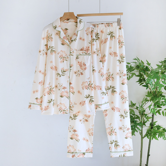 2025 New Spring and Autumn Women's Pajama Set 100% Cotton Knitted Long Sleeve Two Piece Loose Printed Home Clothes Ladies 2025 New Spring and Autumn Women's Pajama Set 100% Cotton Knitted Long Sleeve Two Piece Loose Printed Home Clothes Ladies