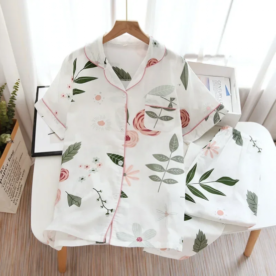 2025 Japanese style simple short women female 100% cotton gauze short sleeve trousers ladies pajamas suit cute pajamas sets home 2025 Japanese style simple short women female 100% cotton gauze short sleeve trousers ladies pajamas suit cute pajamas sets home