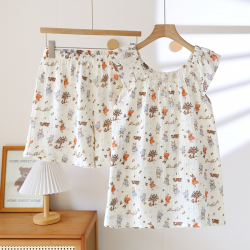 2025 Women's New Summer Pajama Set 100% Cotton Crepe Vest+Shorts Two Piece Loose Home Clothing Set Sleepwear Ladies