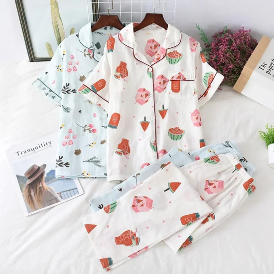 2025 Japanese style simple short women female 100% cotton gauze short sleeve trousers ladies pajamas suit cute pajamas sets home 2025 Japanese style simple short women female 100% cotton gauze short sleeve trousers ladies pajamas suit cute pajamas sets home
