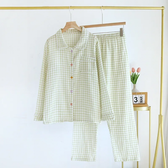 2025 Spring/Summer New Women's Sleepwear Long Set 100% Cotton Plaid Long Sleeve Long Pants Two Piece Set Collar Home Clothes 2025 Spring/Summer New Women's Sleepwear Long Set 100% Cotton Plaid Long Sleeve Long Pants Two Piece Set Collar Home Clothes
