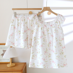 2025 Women's New Summer Pajama Set 100% Cotton Crepe Vest+Shorts Two Piece Loose Home Clothing Set Sleepwear Ladies