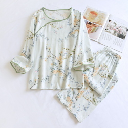 2025 New Women's Spring/Summer Pajama Set with Satin Viscous Soft 7-in-1 Sleeve and 9-in-1 Pants Two Piece Home Clothes Ladies