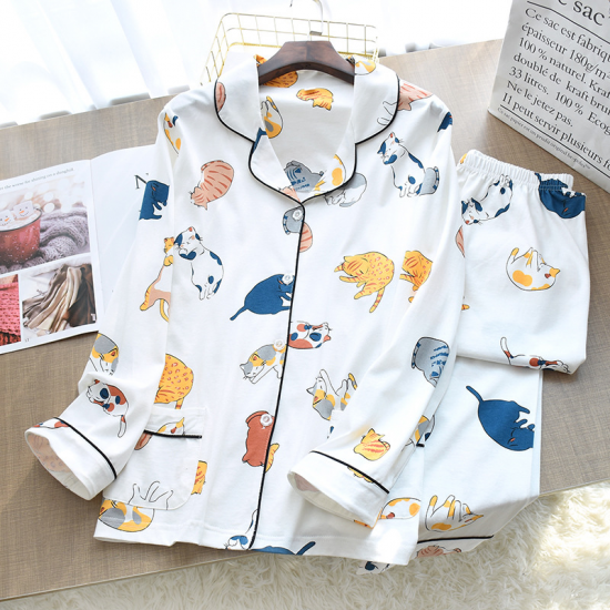 Japanese style spring and autumn ladies cotton knitted pajamas suit long-sleeved trousers two-piece suit cute home service woman Japanese style spring and autumn ladies cotton knitted pajamas suit long-sleeved trousers two-piece suit cute home service woman
