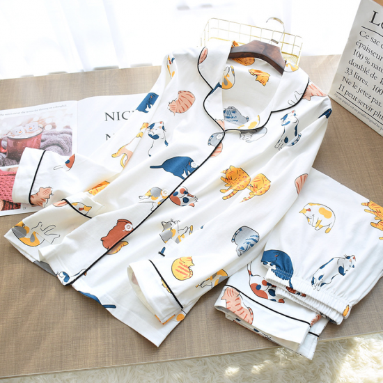 Japanese style spring and autumn ladies cotton knitted pajamas suit long-sleeved trousers two-piece suit cute home service woman Japanese style spring and autumn ladies cotton knitted pajamas suit long-sleeved trousers two-piece suit cute home service woman