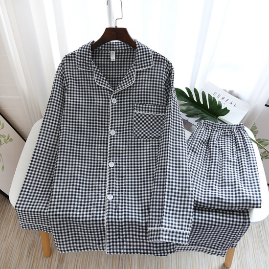 Japanese new couple pajamas, long-sleeved trousers, two-piece 100% cotton gauze simple plaid home service suit for men and women Japanese new couple pajamas, long-sleeved trousers, two-piece 100% cotton gauze simple plaid home service suit for men and women