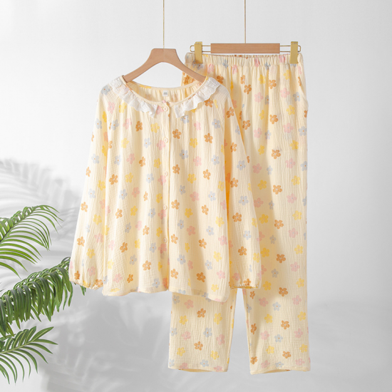 2025 New Spring/Summer Women's Pajama Set Pure Cotton Crepe Sweet and Cute Long Sleeve Long Pants Two Piece Home Clothes 2025 New Spring/Summer Women's Pajama Set Pure Cotton Crepe Sweet and Cute Long Sleeve Long Pants Two Piece Home Clothes