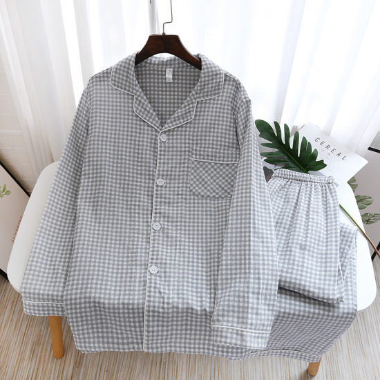 Japanese new couple pajamas, long-sleeved trousers, two-piece 100% cotton gauze simple plaid home service suit for men and women Japanese new couple pajamas, long-sleeved trousers, two-piece 100% cotton gauze simple plaid home service suit for men and women