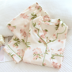 2025 New Spring and Autumn Women's Pajama Set 100% Cotton Knitted Long Sleeve Two Piece Loose Printed Home Clothes Ladies