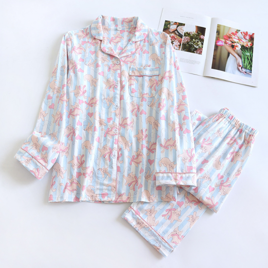 2025 New Spring and Autumn Women's Pajama Set 100% Cotton Knitted Cute Loose Long sleeved Pants Two piece Home Furnishing Set 2025 New Spring and Autumn Women's Pajama Set 100% Cotton Knitted Cute Loose Long sleeved Pants Two piece Home Furnishing Set
