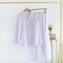 2025 Spring/Summer New Women's Sleepwear Long Set 100% Cotton Plaid Long Sleeve Long Pants Two Piece Set Collar Home Clothes