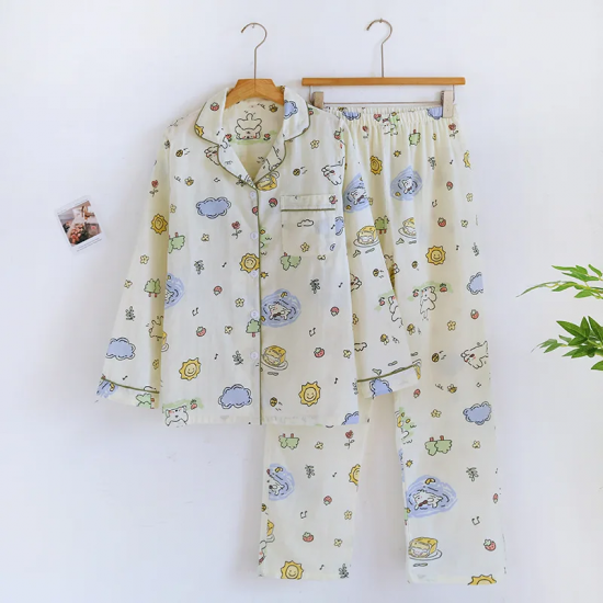 2025 Spring/Summer New Women's Pajama Set 100% Pure Cotton Double Layer Gauze Long Sleeve Two Piece Cartoon Cute Sweet Home Fury 2025 Spring/Summer New Women's Pajama Set 100% Pure Cotton Double Layer Gauze Long Sleeve Two Piece Cartoon Cute Sweet Home Fury
