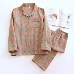 2025 new spring and summer women's pajamas suit long-sleeved trousers two-piece 100% cotton crepe flower leaves home clothes