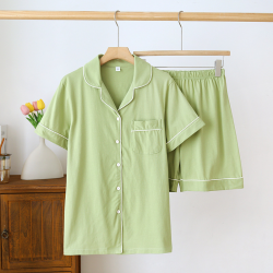2025 Summer New Women's Pajama Set 100% Knitted Cotton Short Sleeve Shorts Two Piece Cardigan Solid Color Casual Large Homewear